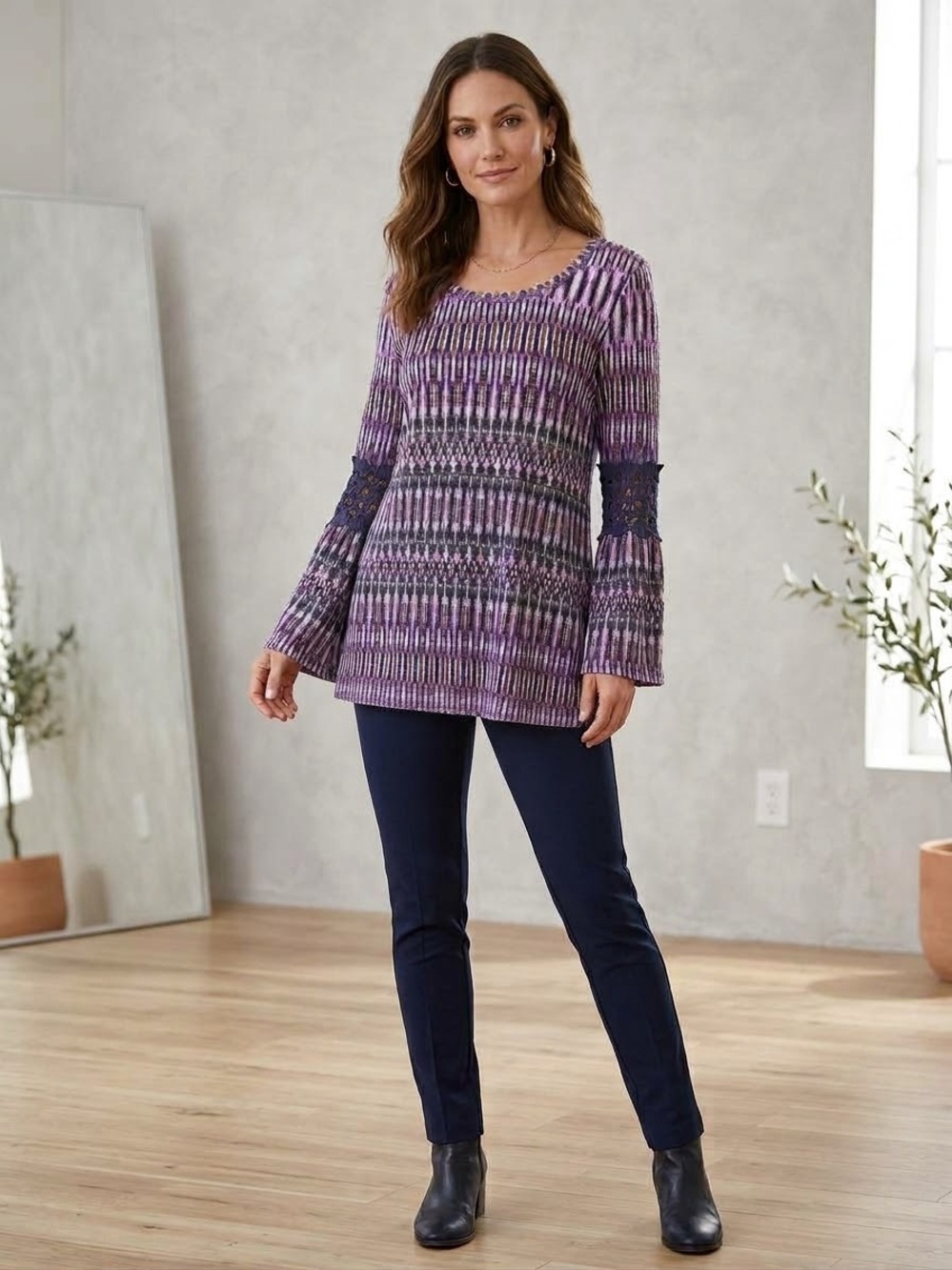 John Paul Richard Bell Sleeve Knit Crochet Detail Tunic Boho Top Medium